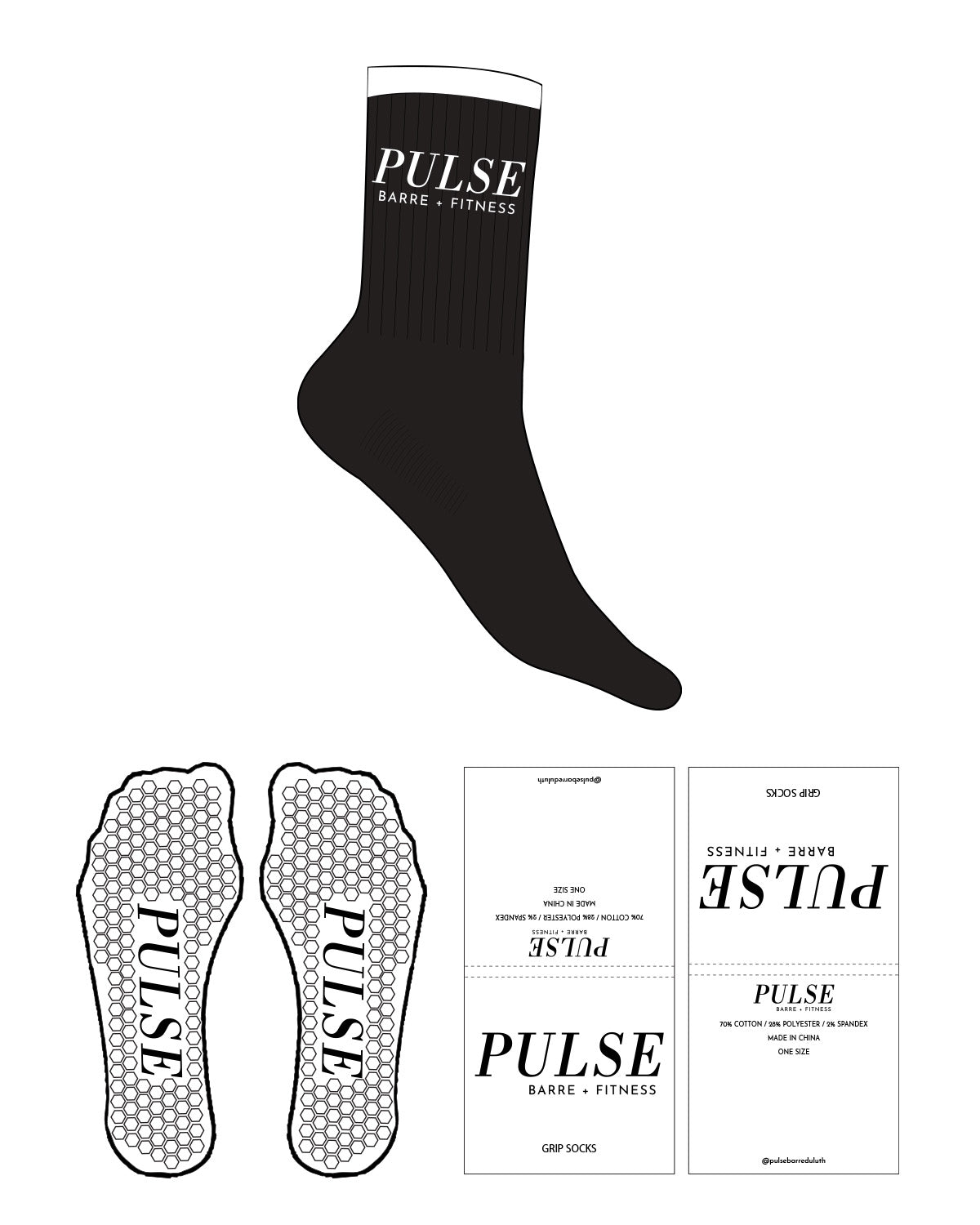 The 3/4 Crew Sock - Black - Main Logo - Pulse Barre & Fitness