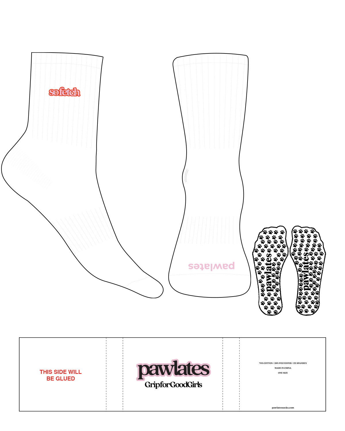 The 3/4 Crew Sock - White - Pawlates - Ankle - Neon Orange - Pink Lady - Embroidered - Toe Logo - Printed - Pink Lady - Paw Grip - Pink Lady