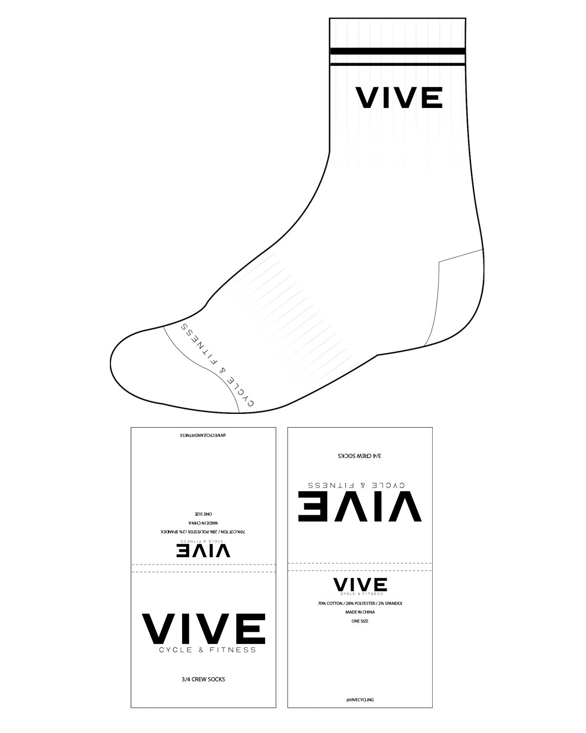 The 3/4 Crew Sock - White - Vive Cycle - 2 Lines - Center Text & Bottom - Black