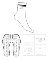 The 3/4 Crew Sock - White - Core Ritual - Ankle (Embroidered) & Stripes - Transparent Circle Grip - Black