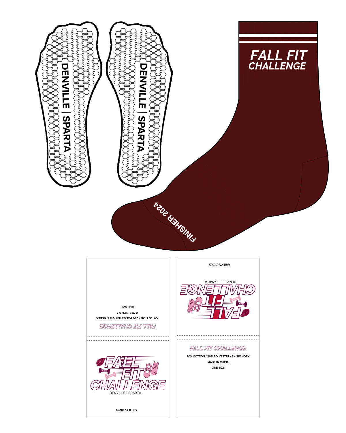 The 3/4 Crew Sock - Burgundy- Pure Barre Denville - Top Center & Bottom - White