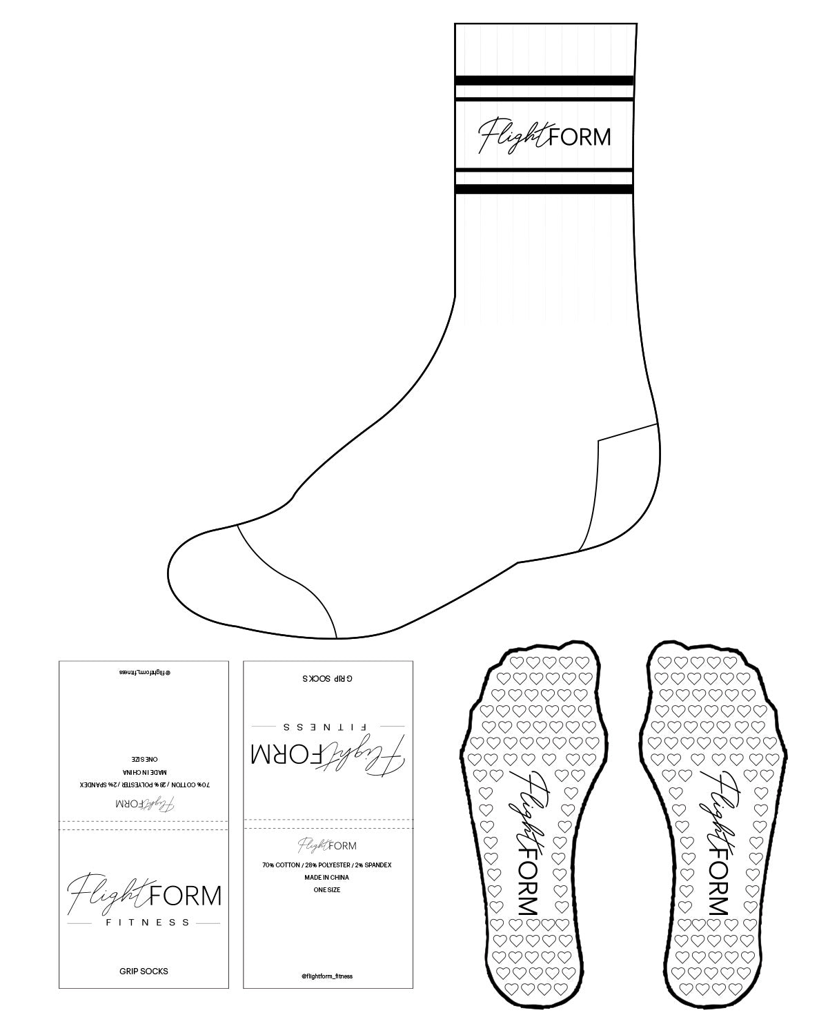 The Crew Sock - White - Flightform - Top Dual Border & Heart Grip - Black