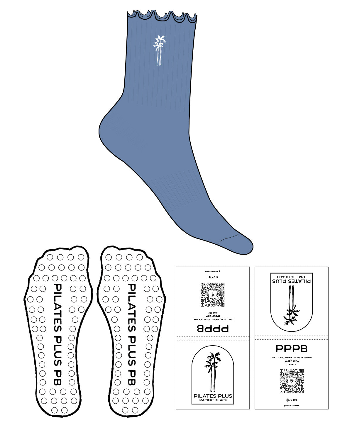 The 3/4 Crew Sock - Blue - Pilates Plus PB - Top Icon - White - Embroidered - Circle Shape Grip - White