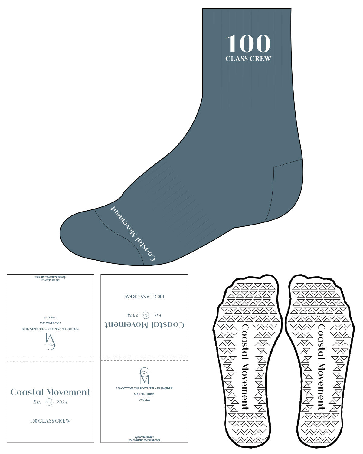 The 3/4 Crew Sock - Blue - M176 - Coastal Movement - Front & Top "100 Class Crew" - White - Triangle Shape Grip  -  White