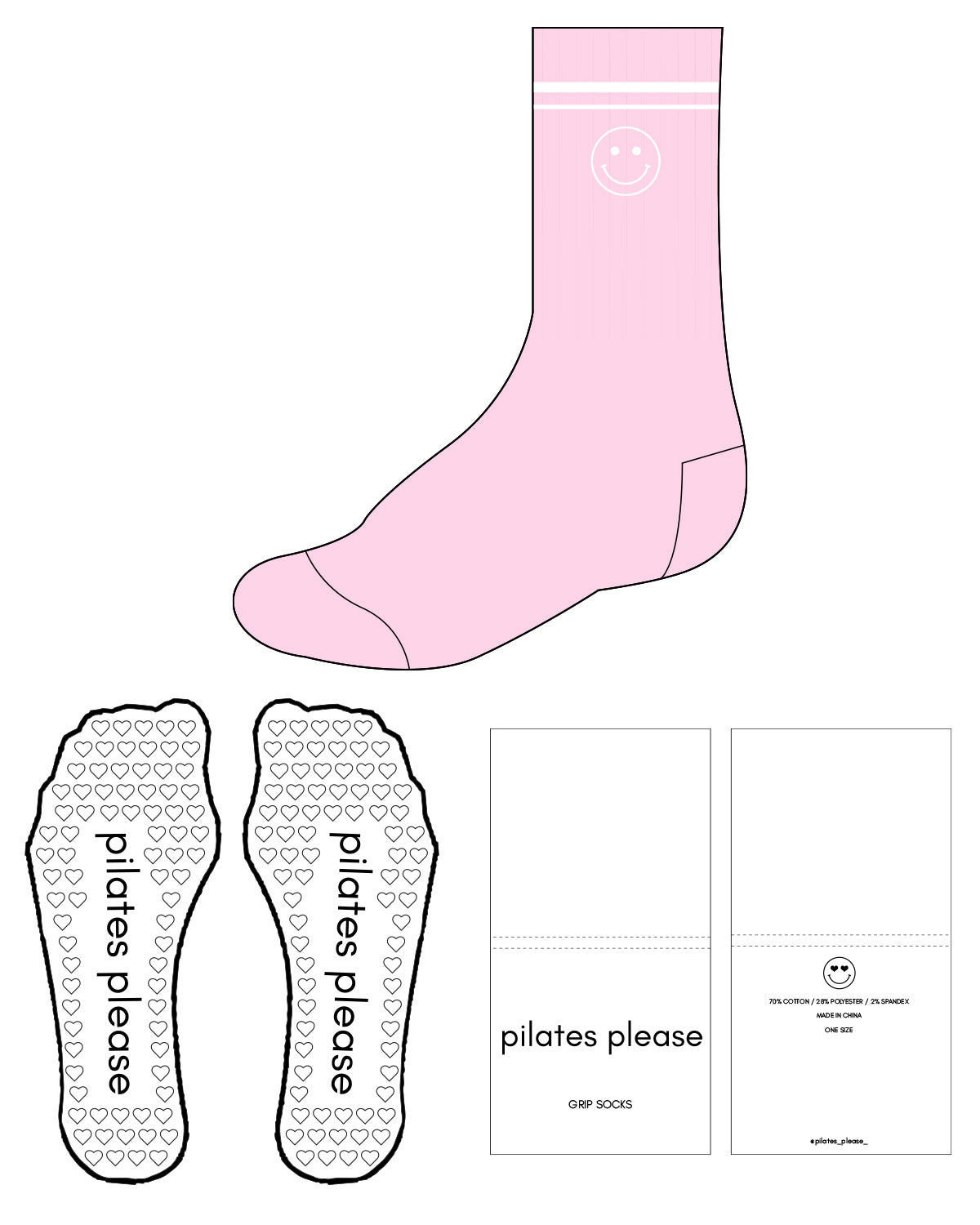 The Crew Sock - Pink - Pilates by Nix - 2 Lines Top & Smiley - White - Heart Shape Grip - White