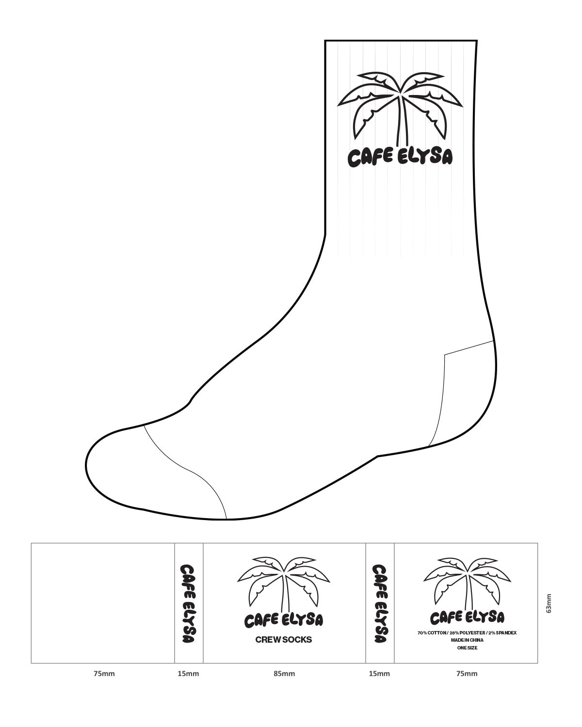 The Crew Sock - White - Cafe Elysa - Top Logo - Black