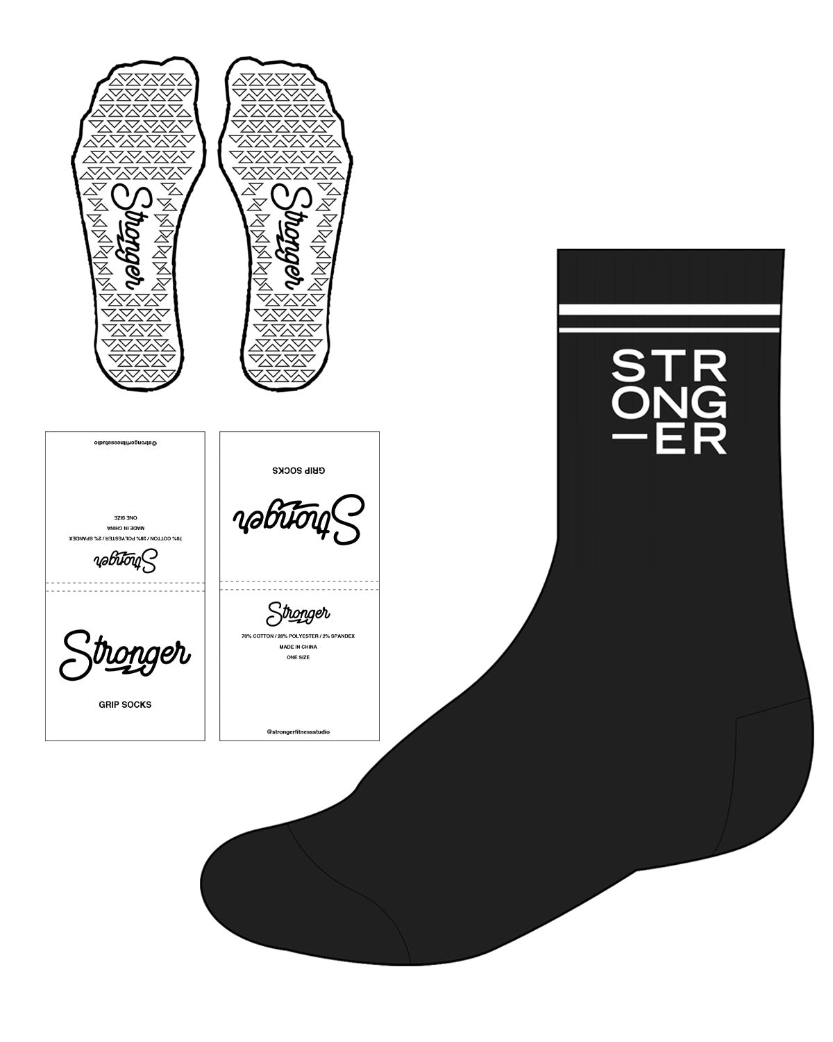 The Crew Sock - Black - Stronger Fitness - 2 Lines - Center - Text - White - Grip - White
