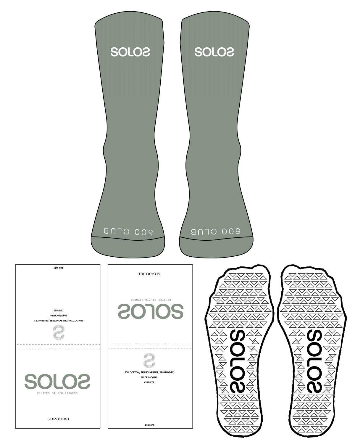 The Crew Sock - Dark Sage - Solos Pilates - Front Center & Bottom Toes - Transparent Grip