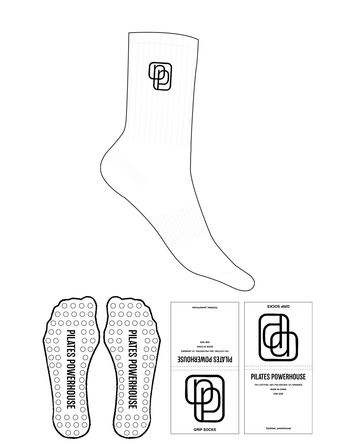 The Crew Sock - White - Pilates Powerhouse - Top Icon - Embroidered - Black - Circle Shape Grip - Black