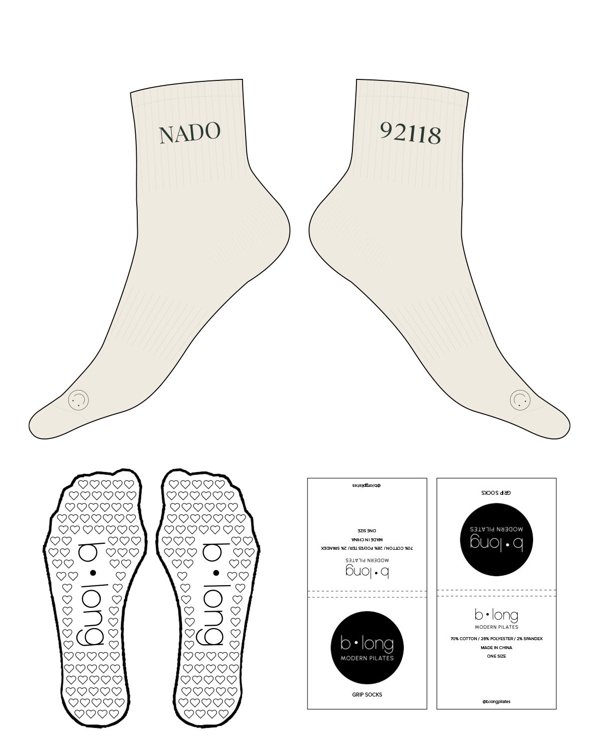 The 1/2 Crew Sock - Off White - B Long Pilates - Top & Bottom Corner - Heart Shape Grip - Forest Green