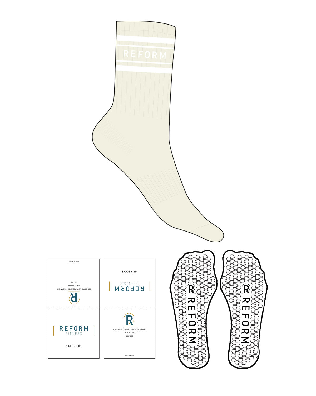The Crew Sock - Butter - Reform Fitness - 4 Stripes - REFORM - White - Hexagon Grip - White