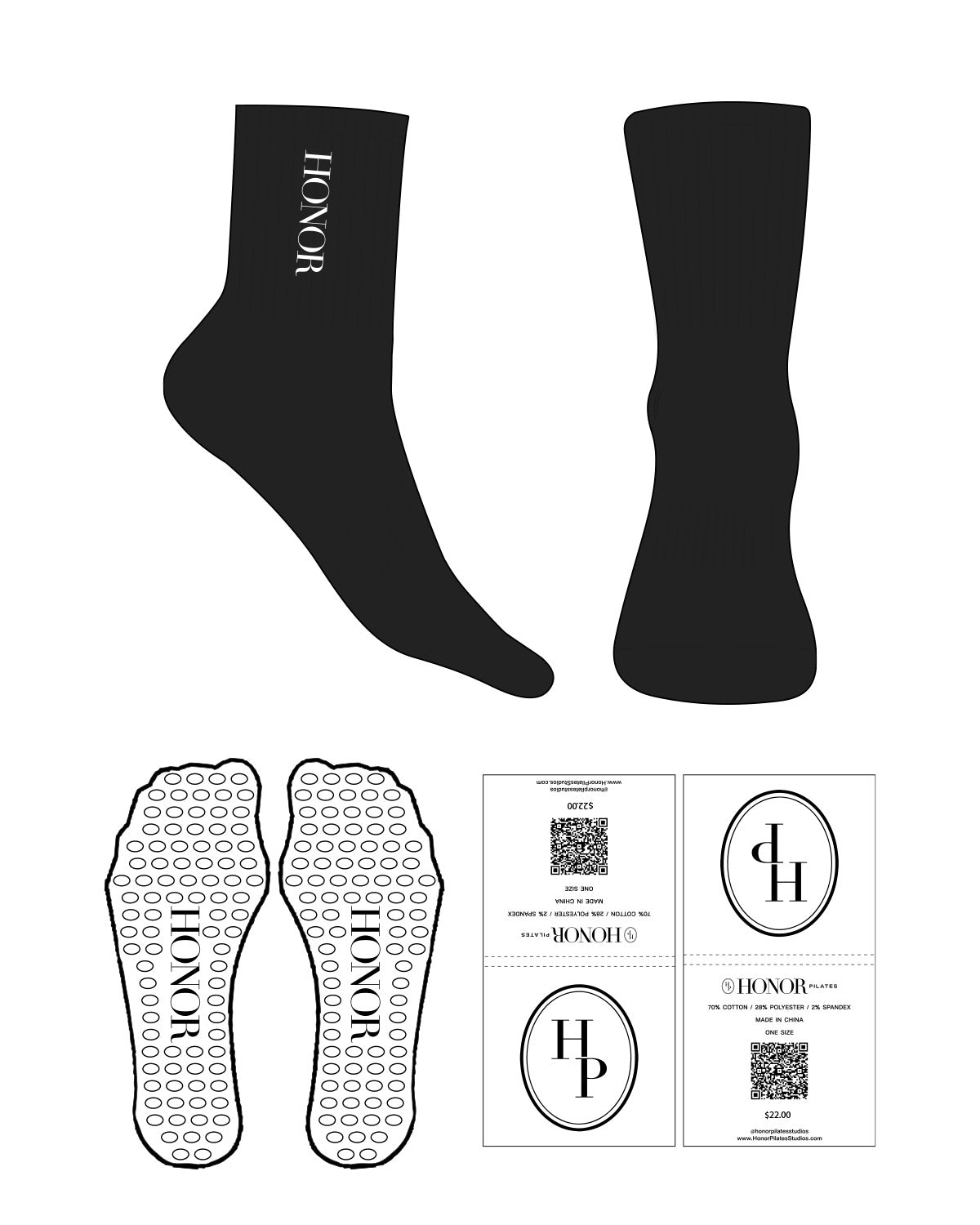 The 3/4 Crew Sock - Black - Honor Pilates - Ankle Text - Black - Circle Grip - Black