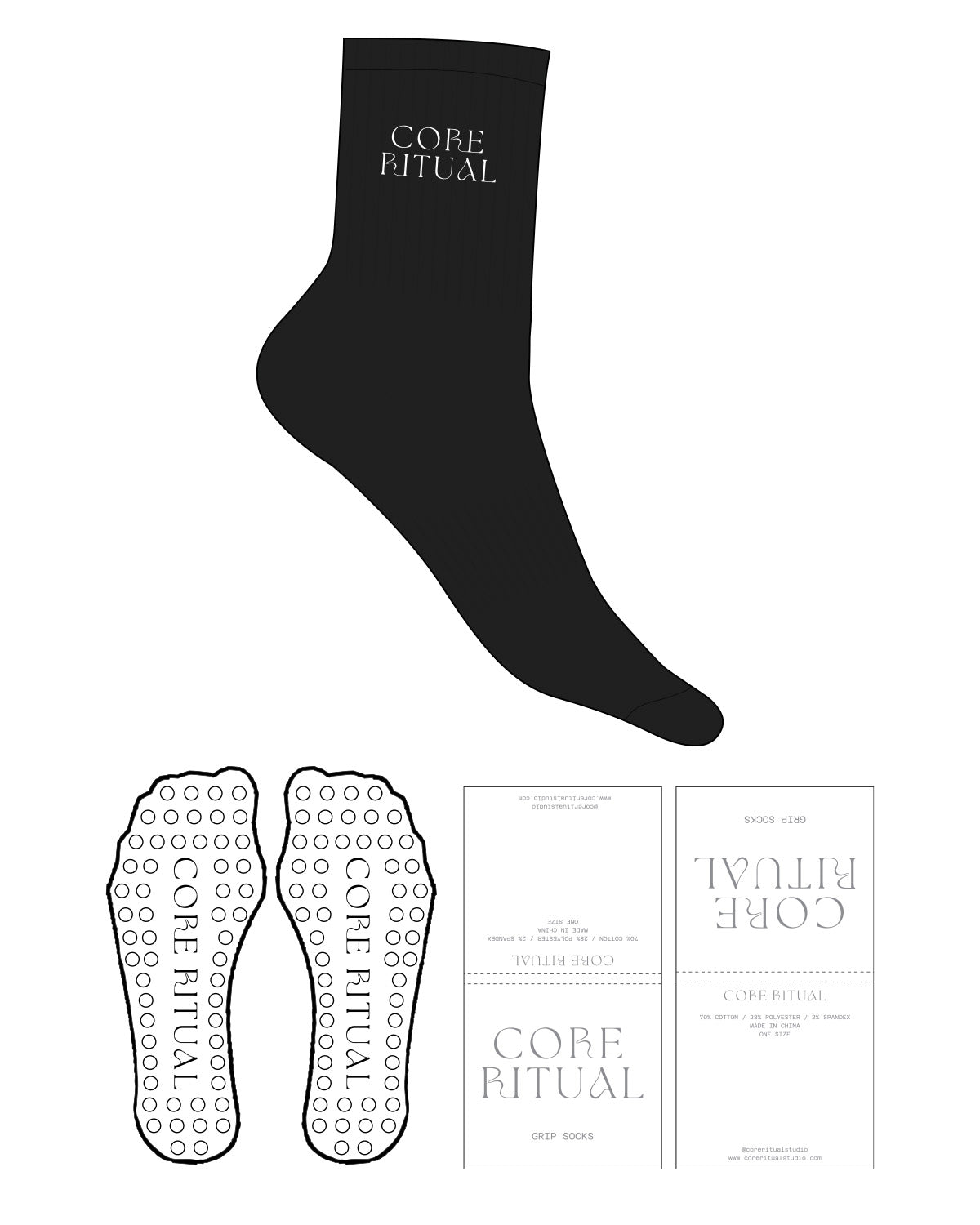 The 3/4 Crew Sock - Black - Core Ritual - Ankle Text - Printed - White - Circle Grip - Transparent
