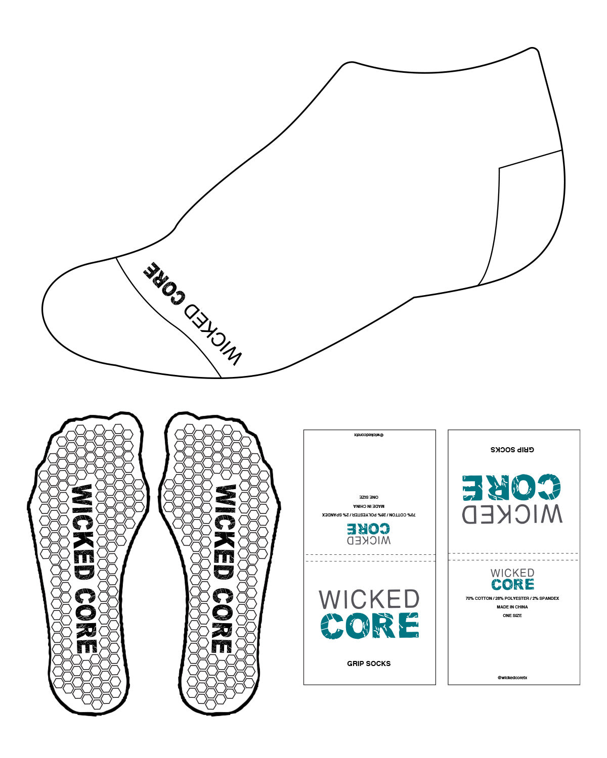 The Ankle Sock - White - Front "Wicked Core" & Hexagon Shape Grip - Black