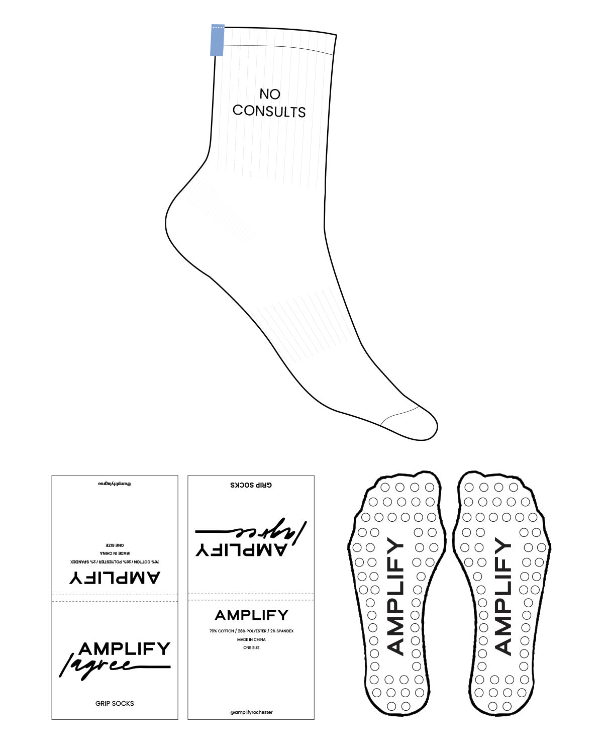 The 3/4 Crew Sock - White - Amplify Lagree - Top Logo "NO CONSULTS" - Black - Blue Label - Circle Shape Grip - Blue