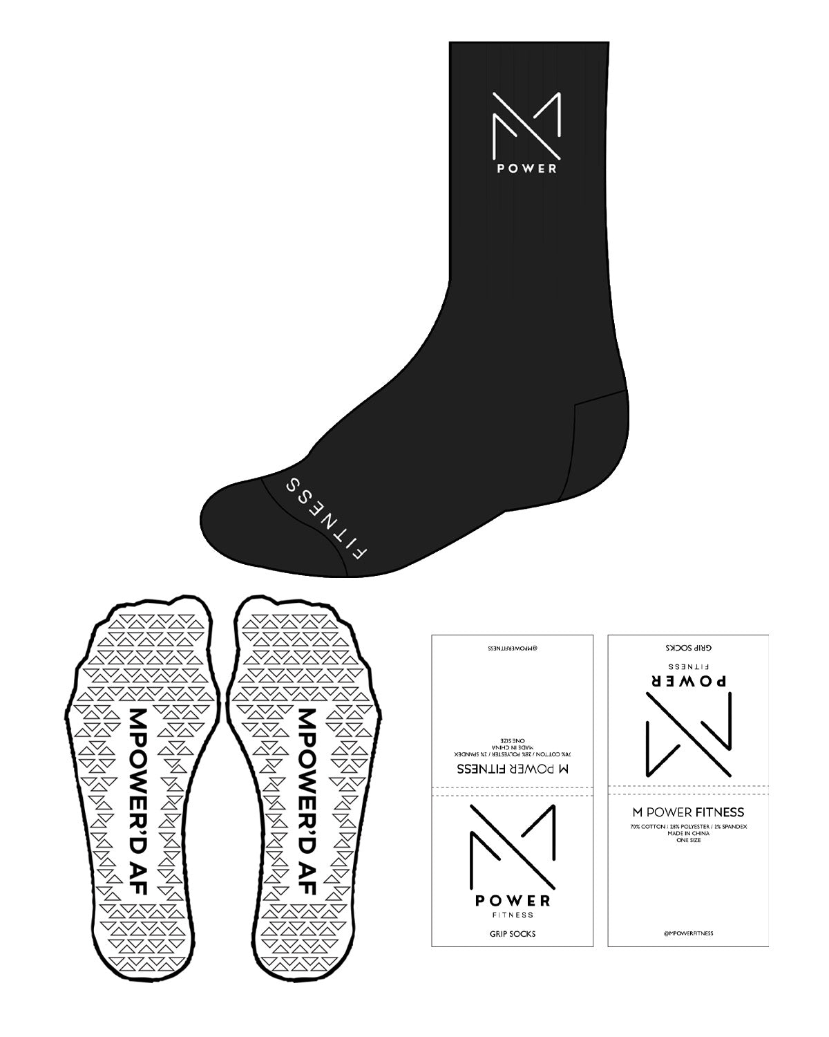 The Crew Sock - Black - MPower Fitness - Top Icon & Bottom Text - White - Triangle Shape Grip - White