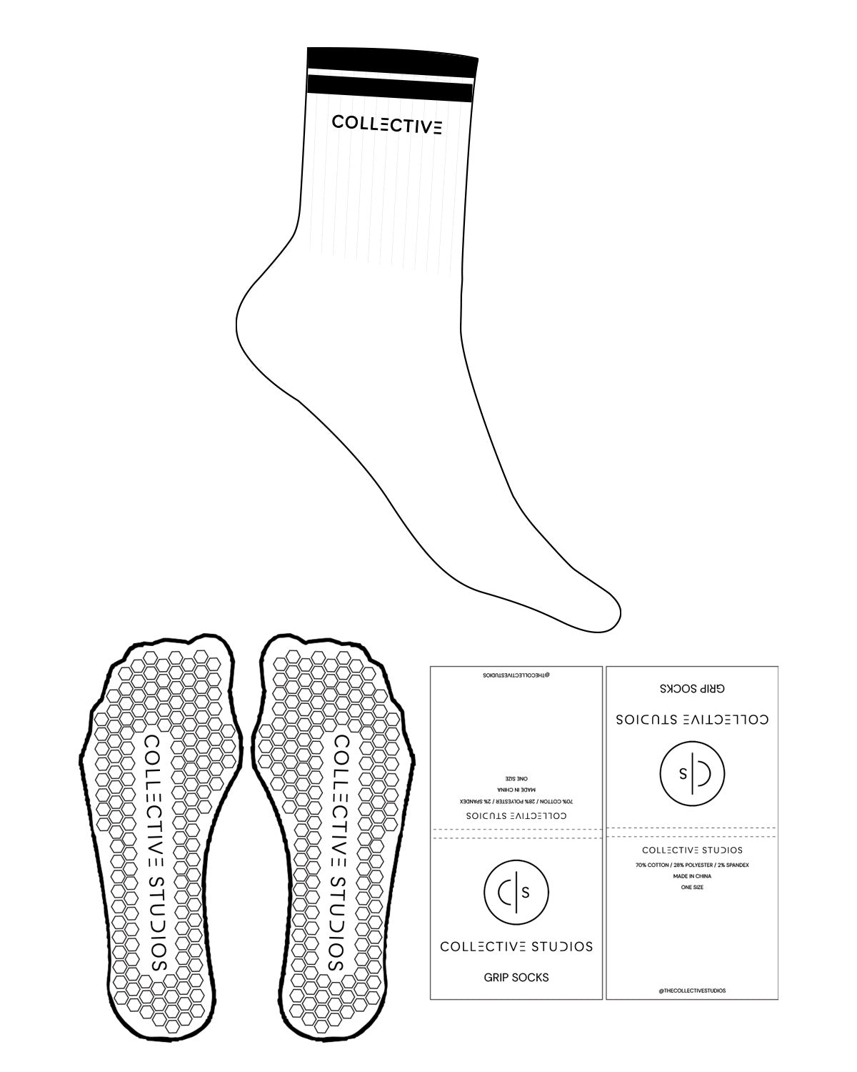 The 3/4 Crew Sock - White - Collective Studios - 2 Stripes - Printed - Collective - Embroidered - Black - Hexagon Grip - Black