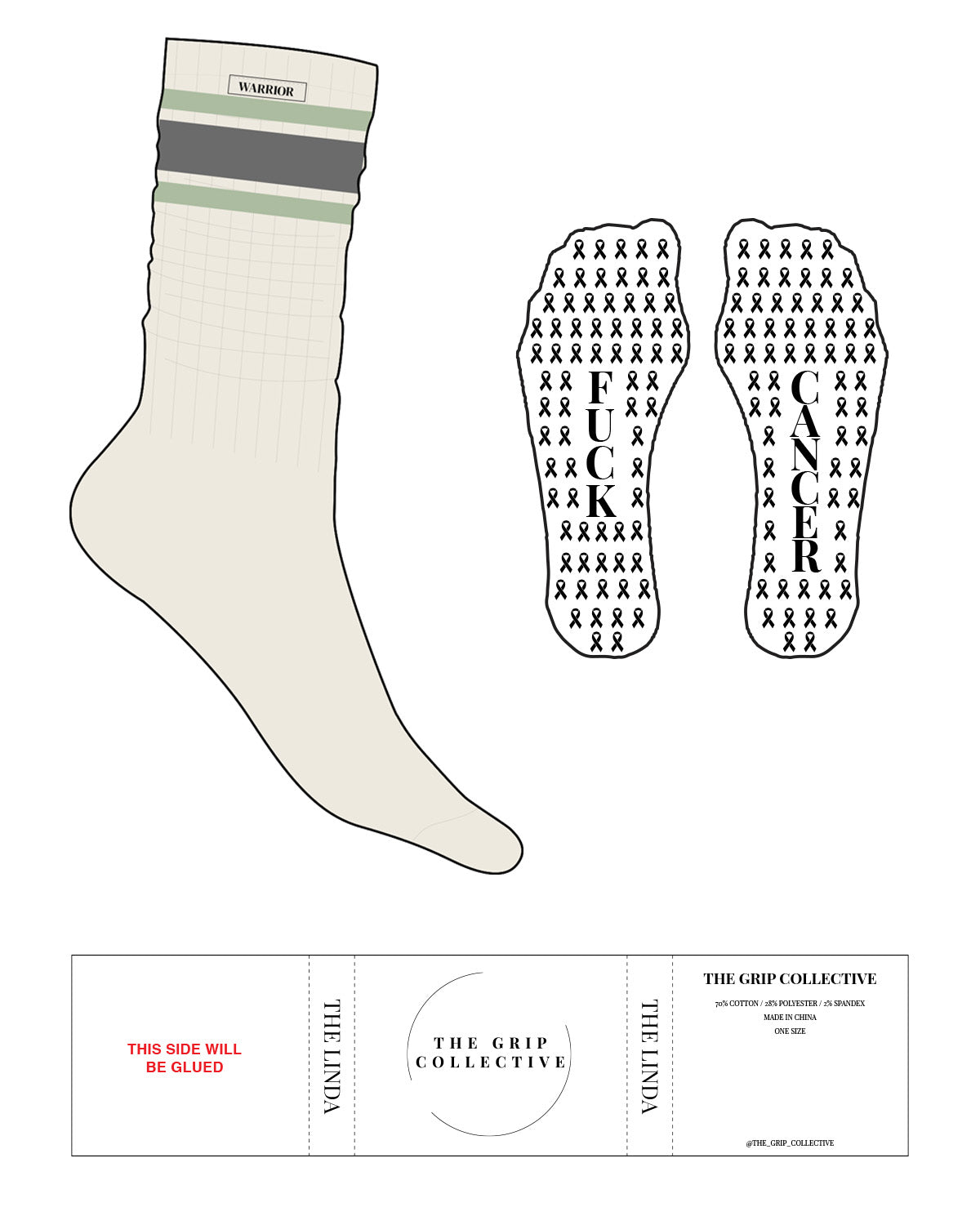 The Slouch Sock - Off White - Grip Collective - Full Color Stripes - Sew on Logo - Icon Shape Grip - Charcoal