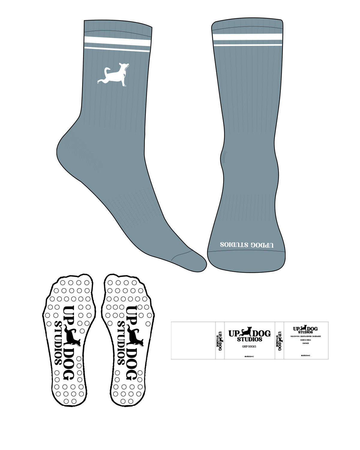The Crew Sock - Blue - Updog Yoga - 2 Strips - Top "DOG" & Front Logo - White - Circle Shape Grip - White