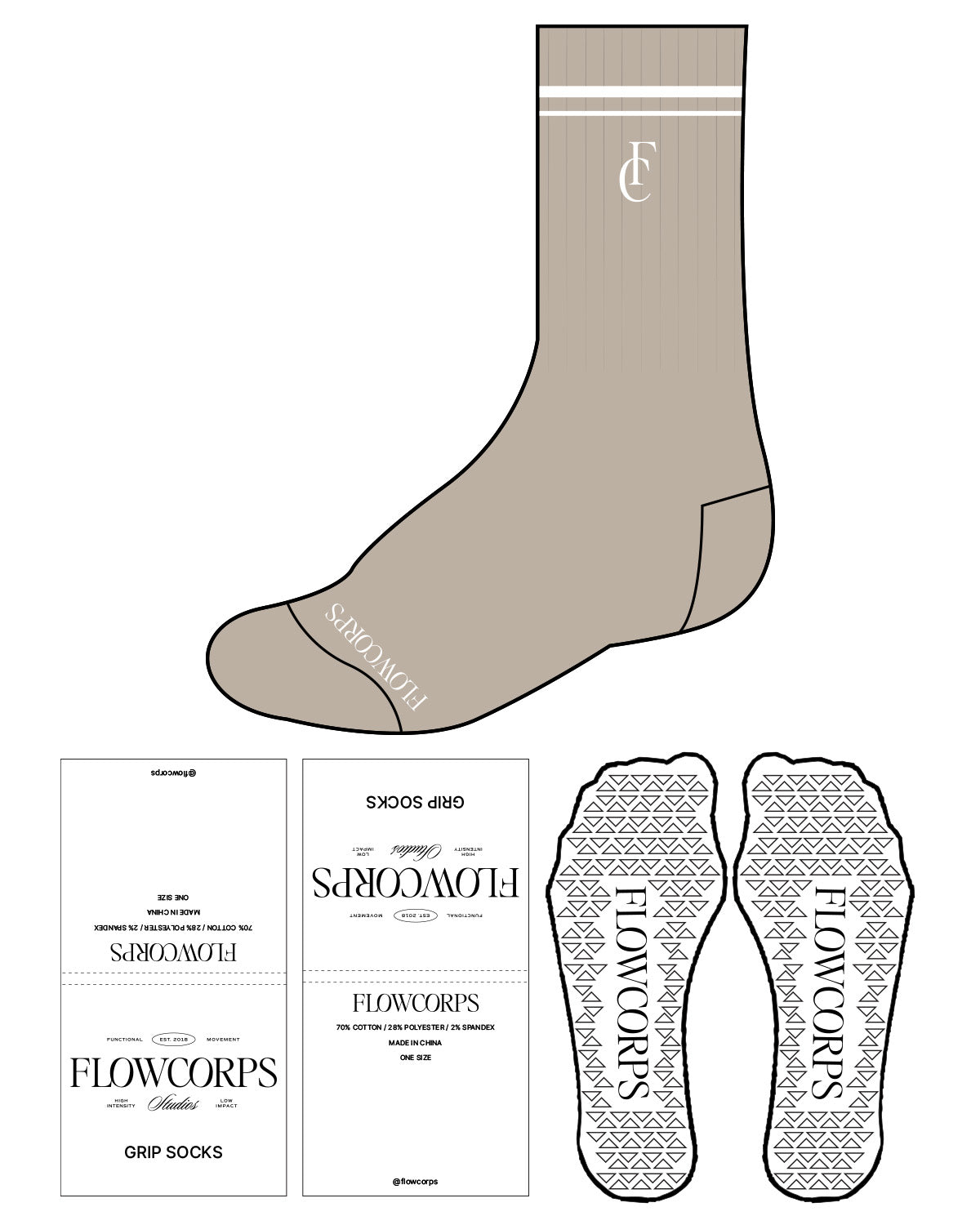 The Crew Sock - Tan - Flowcorps - Tip & Top Border - Triangle Grip - White