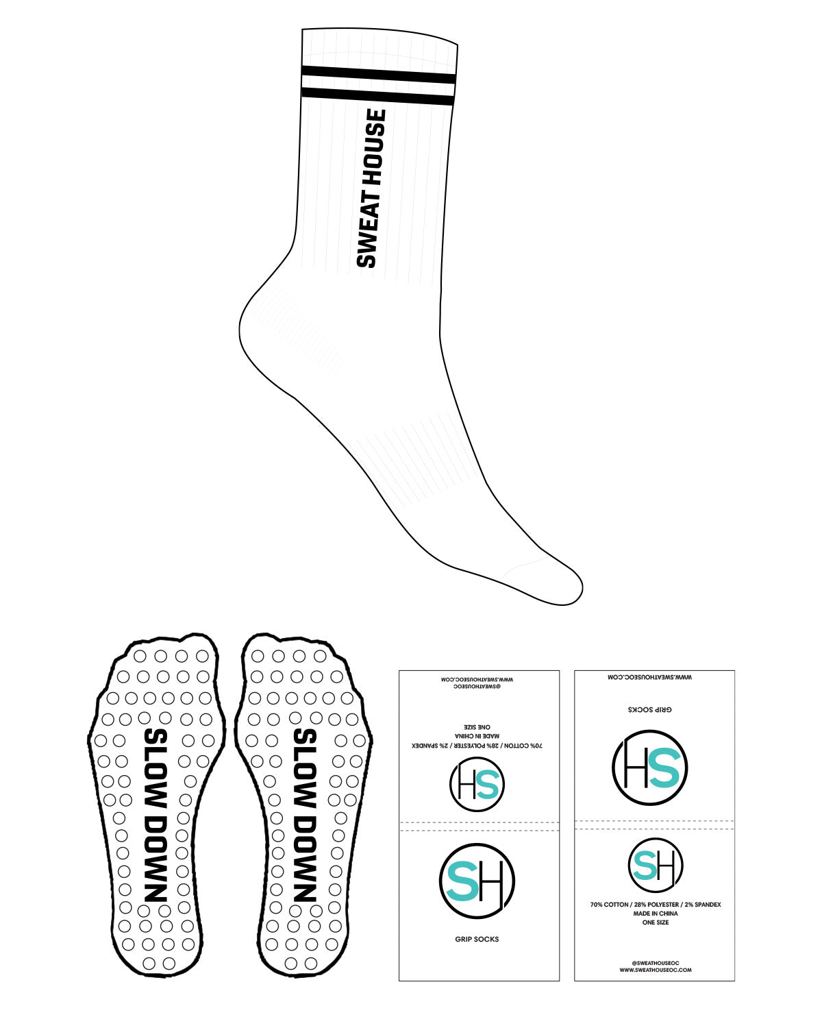 The Crew Grip Socks - White - SweatHouse OC - 2 Stripes - Black - Ankle Down - Logo - Circle Grip - Black
