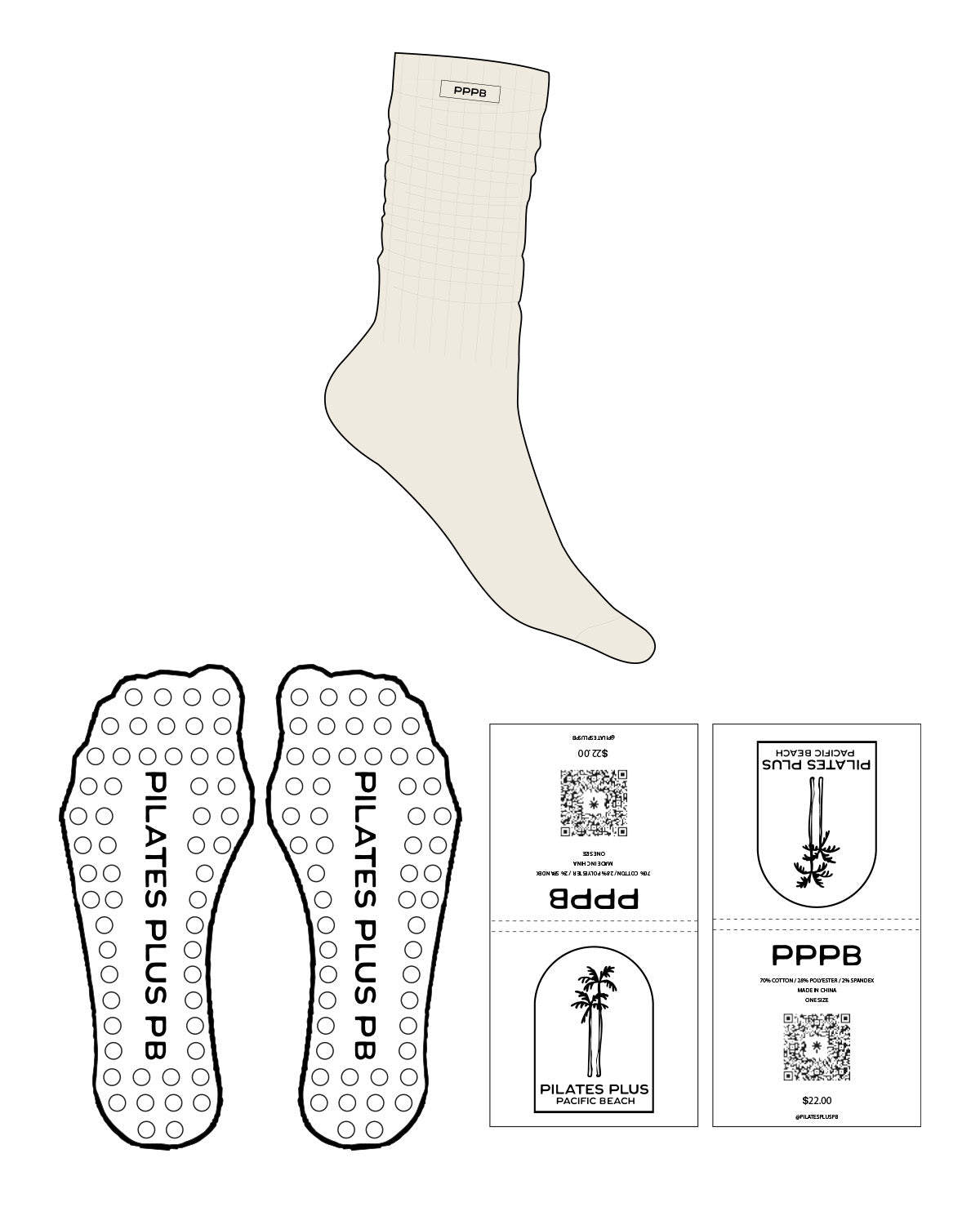 The Slouch Sock - Off White - Pilates Plus PB - Top & Transparent Circle Grip - Label