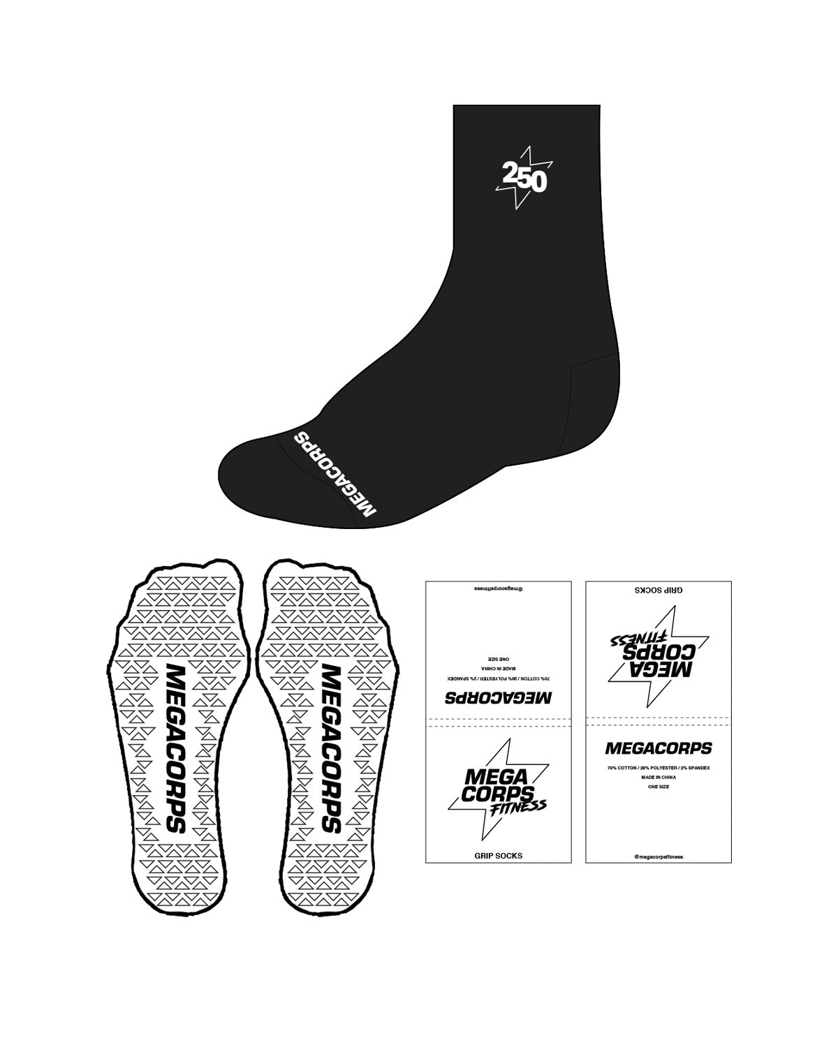 The 3/4 Crew Sock - Megacorps - Top "250" & Bottom Text - Sock Grip - White