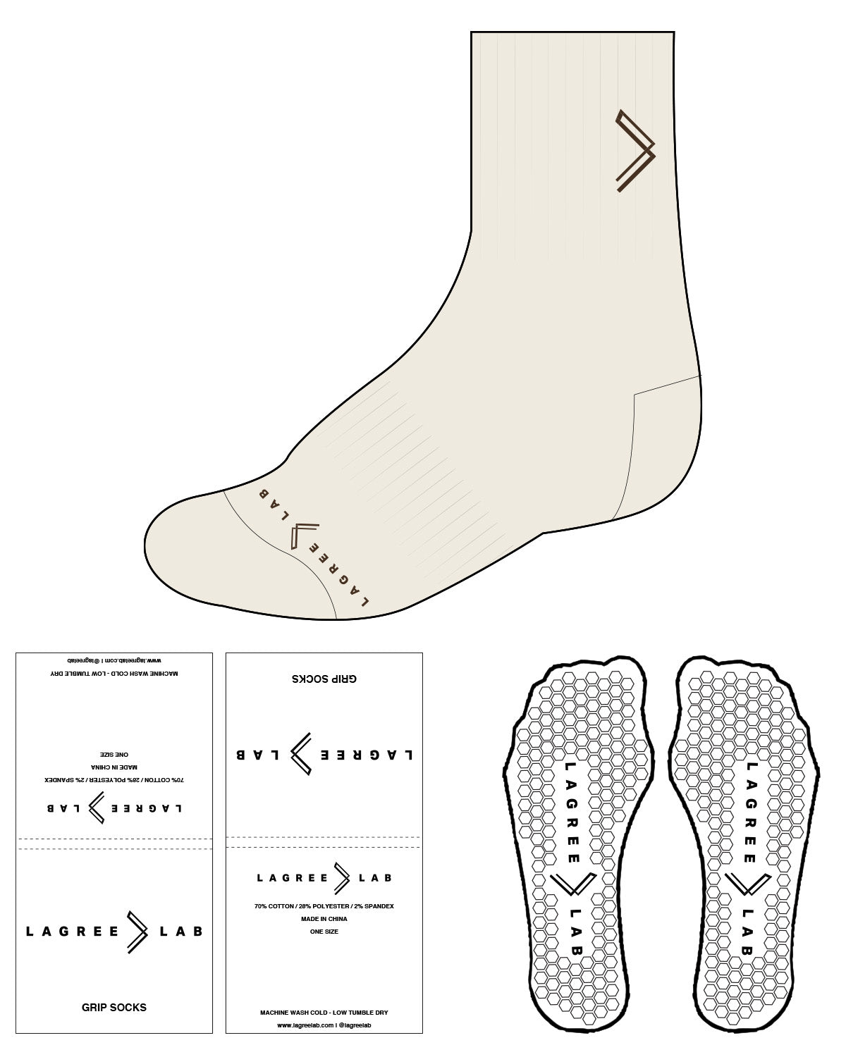 The 3/4 Crew Sock - Off White - LagreeLab - Front & Top - Hexagon Grip - Light Brown