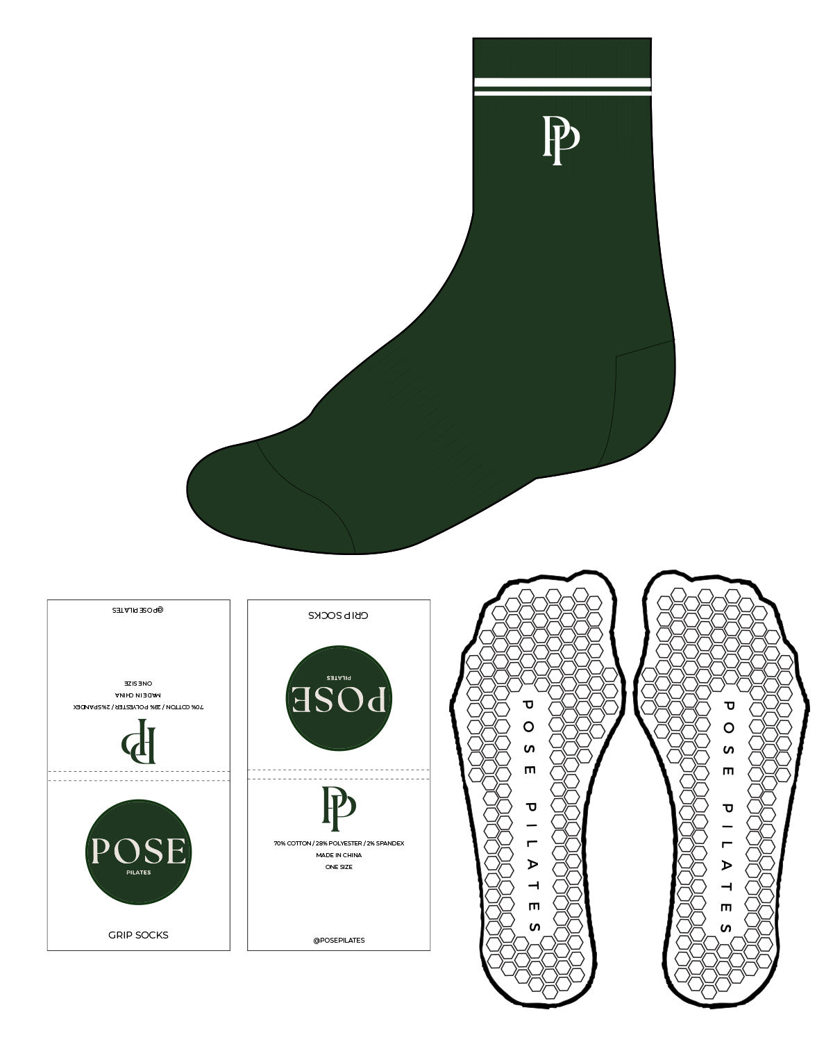 The 3/4 Crew Sock - Green - Pose Pilates - Center - White
