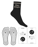 The 3/4 Crew Sock - Black - Powerhouse Pilates - Single Strip - Stacked - Tan(L287) - Hexagonal Shape Grip - Black