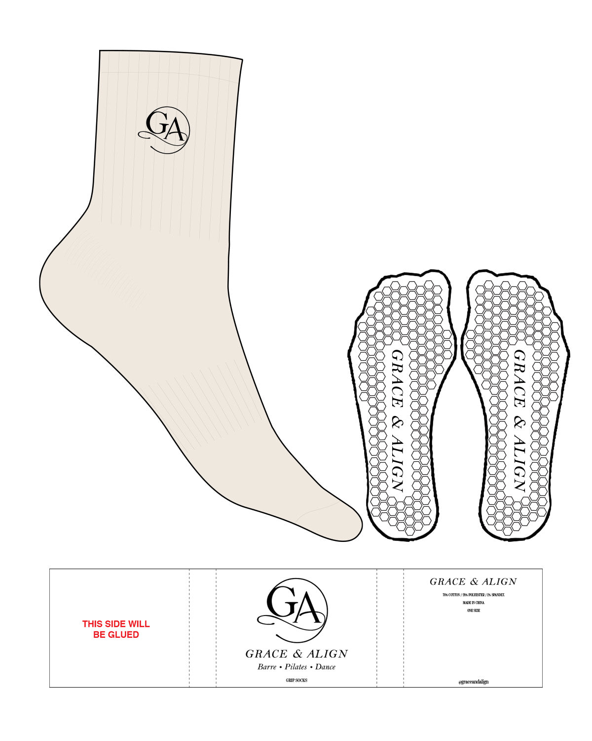 The 3/4 Crew Sock - Gardemia - Grace&Align - Top Icon - Embroidered - Black - Hexagon Grip - Transparent