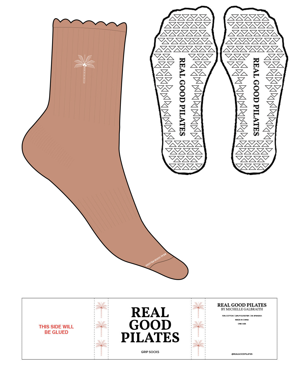 The 3/4 Crew Sock - Terracotta L285 - Real Good Pilates - Top & Tip Toe Logos - White - Triangle Shape Grips - Transparent