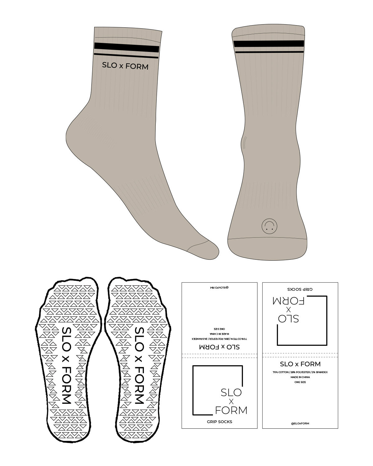 The 3/4 Crew Sock - Tan - Slo x Form - 2 Lines Top - Text - Bottom - Smiley - Black -  Triangle Shape Grip - Black