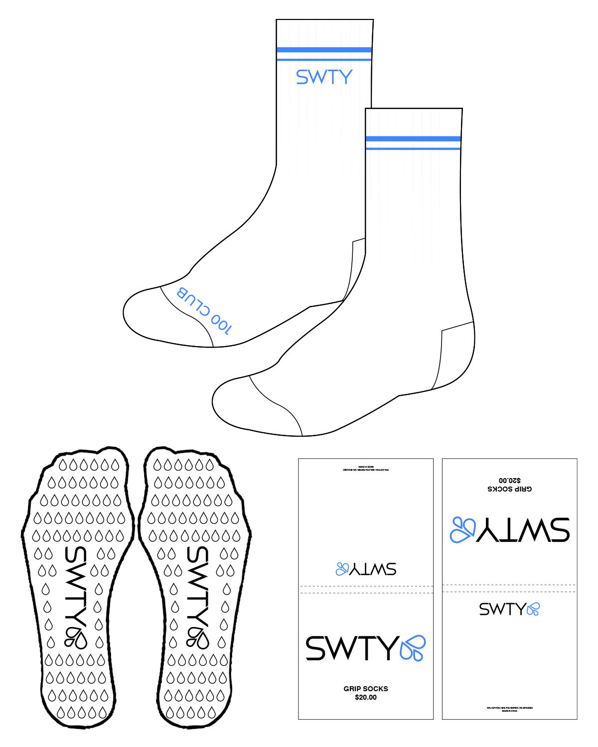 The Crew Sock - White - SWTY - Tip "100 CLUB" & Top Border - Transparent Drip Grip - Blue