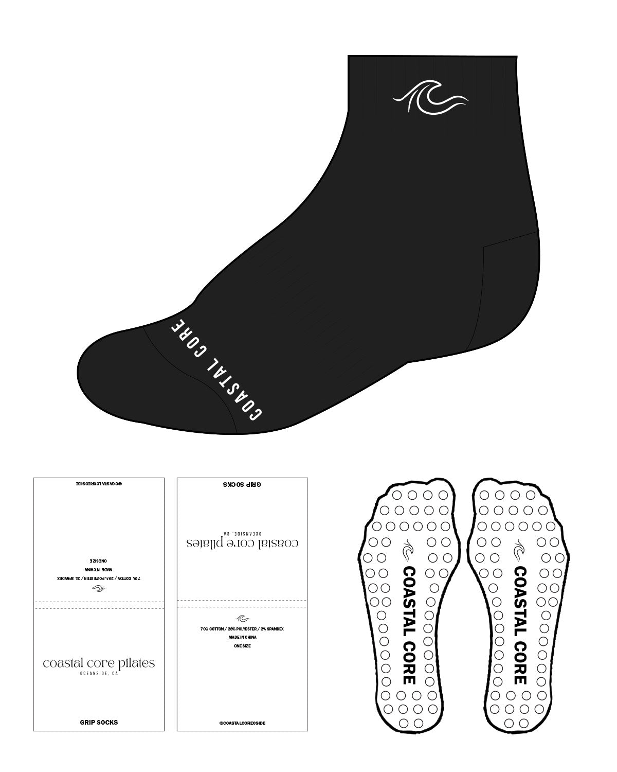 The 1/2 Crew Sock - Black - Coastal Core Oceanside - Front Tip & Top Lining - Circle Grip - White