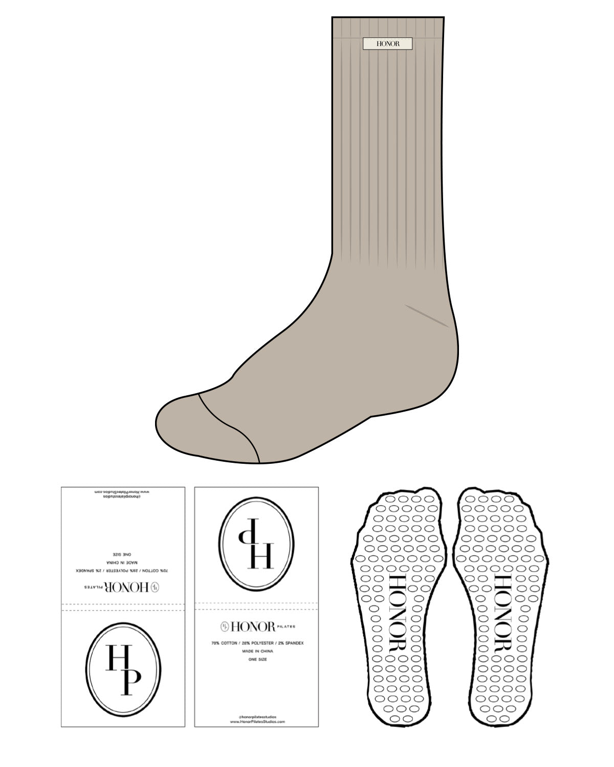 The Slouch Sock - Tan - Honor Pilates - Top Lining - Inside Box - Sewn Label - Transparent Grip