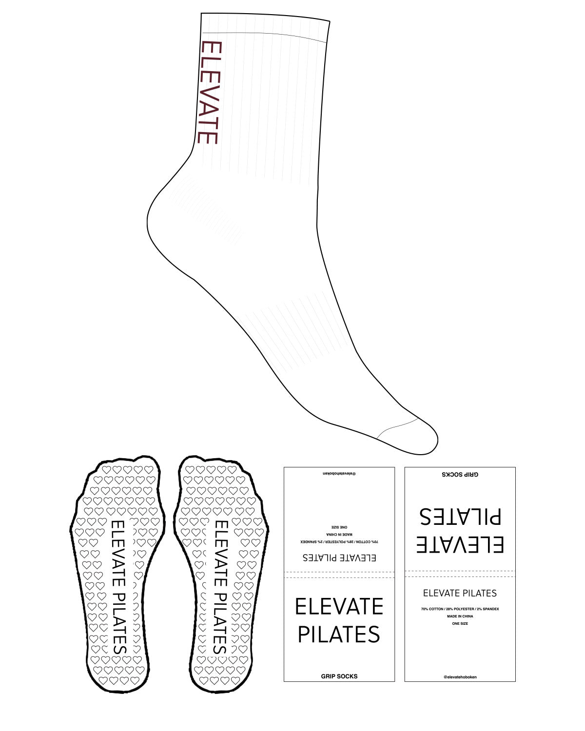 The 3/4 Crew Sock - White - Elevate Pilates - Ankle Logo - Oxblood - Heart Grip - Oxblood