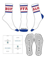 The Crew Sock - White - Reform Fitness - 4 Strips - Wrapping Top Logo - Front Logo - Full Color Red-D149 / Blue-D170 - Hexagon Shape Grip - Transparent