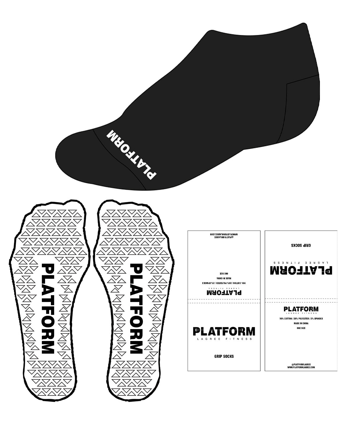 The Ankle Sock - Black - Platform - Bottom Text - White - Triangle Shape Grip - White