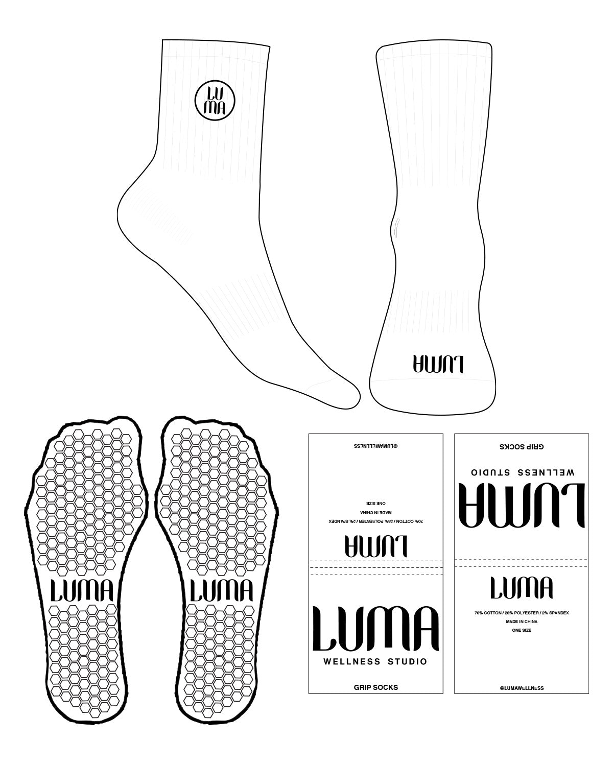 The 3/4 Crew Sock - White - Luma Wellness - Top Round & Front Logo - Embroidered - Black - Hexagon Shape Grip - Black