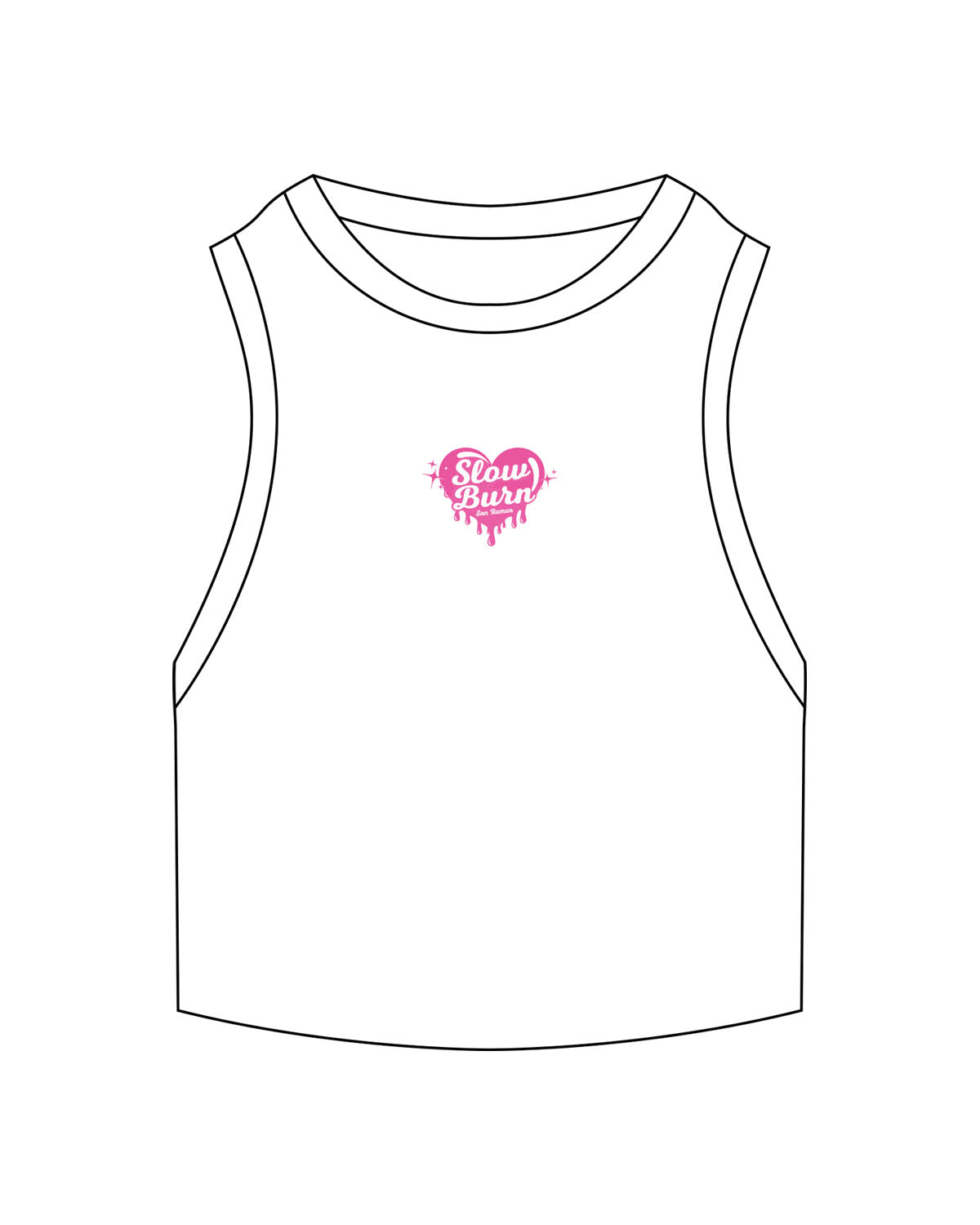 The Micro Rib Basic Crop Tank - White - Slow Burn - Center Chest Heart - Printed - Full Color
