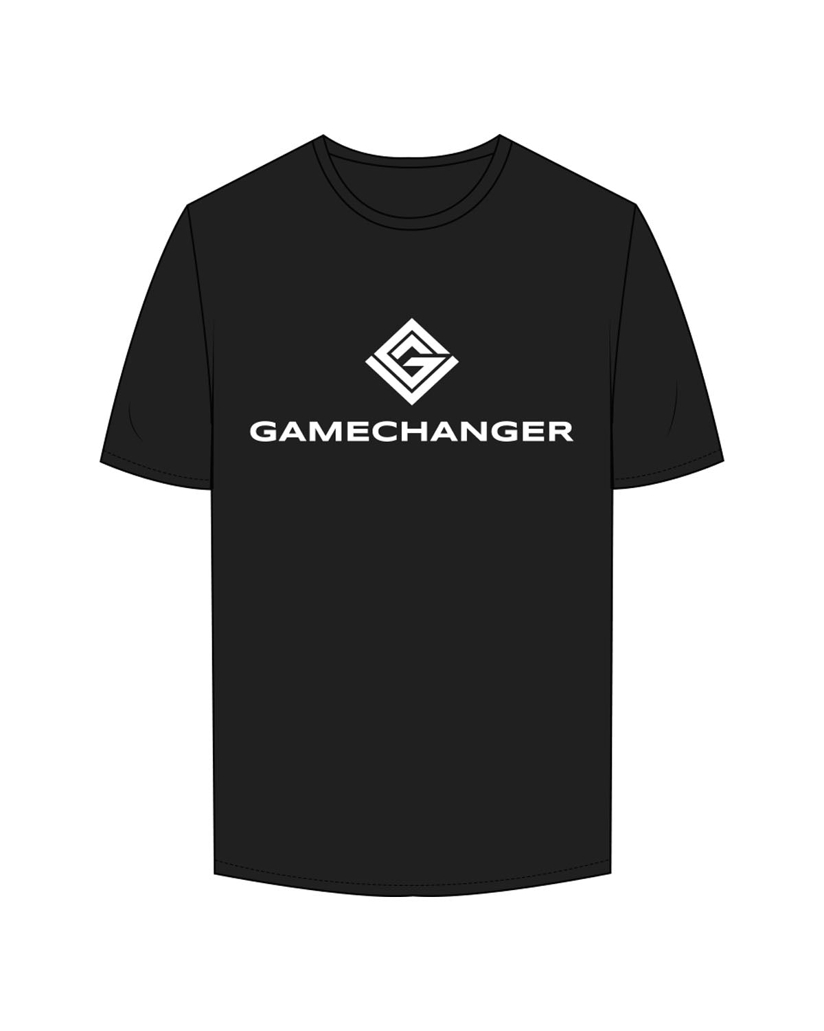 The Mens Tee - Black - Game Changer - Center Chest Stacked - White