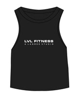 The Micro Rib Racer Crop - Black - LVL - Center Chest Stacked - Printed - White