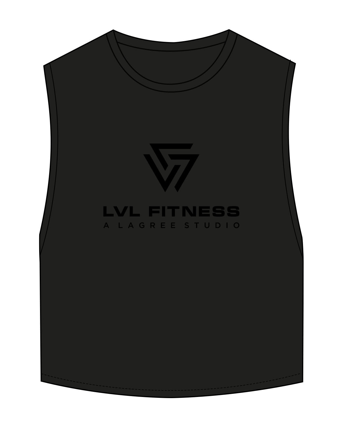 The Crop Muscle Tank - Black - LVL - Center Chest Stacked - Printed - Tone on Tone