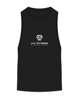 The Scoop Muscle Tank - Black - LVL - Center Chest Stacked - Printed - White