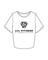 The Crop Tee - White - LVL - Center Chest Stacked - Printed - Black