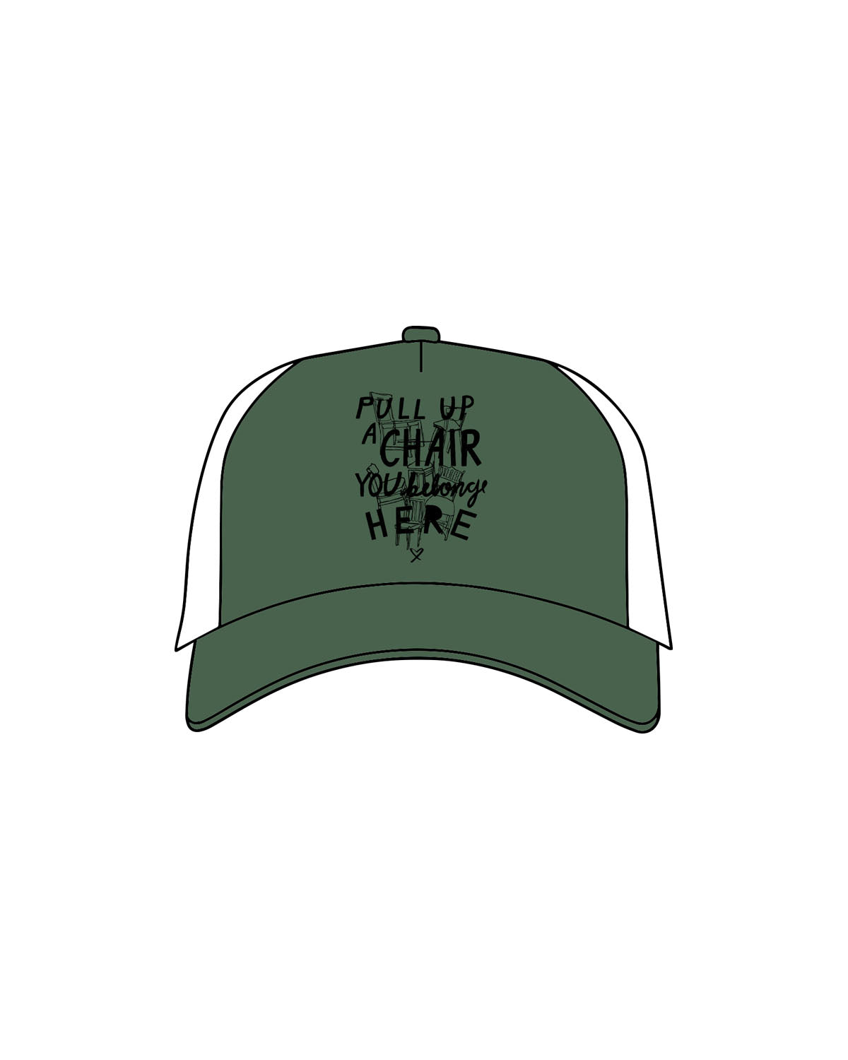 The Trucker Hat - Evergreen / White - The Supper Club - Center Crown Stacked Chairs - Embroidered - Full Color