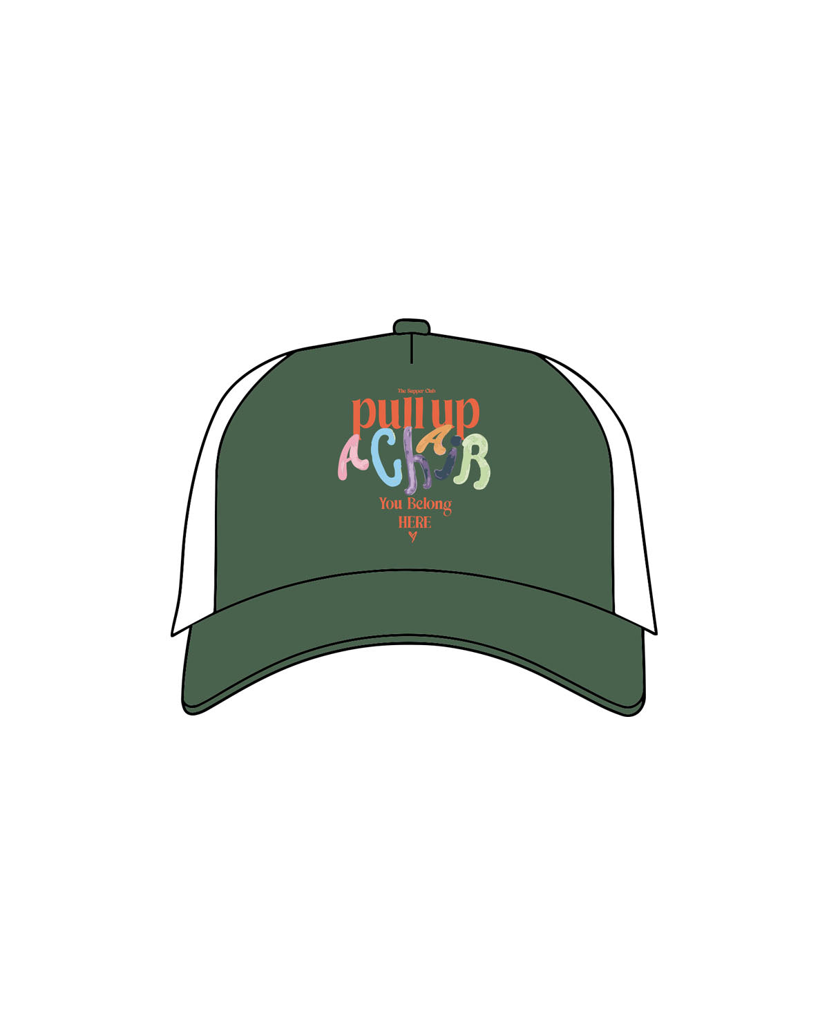 The Trucker Hat - Evergreen / White - The Supper Club - Center Crown Stacked - Embroidered - Full Color