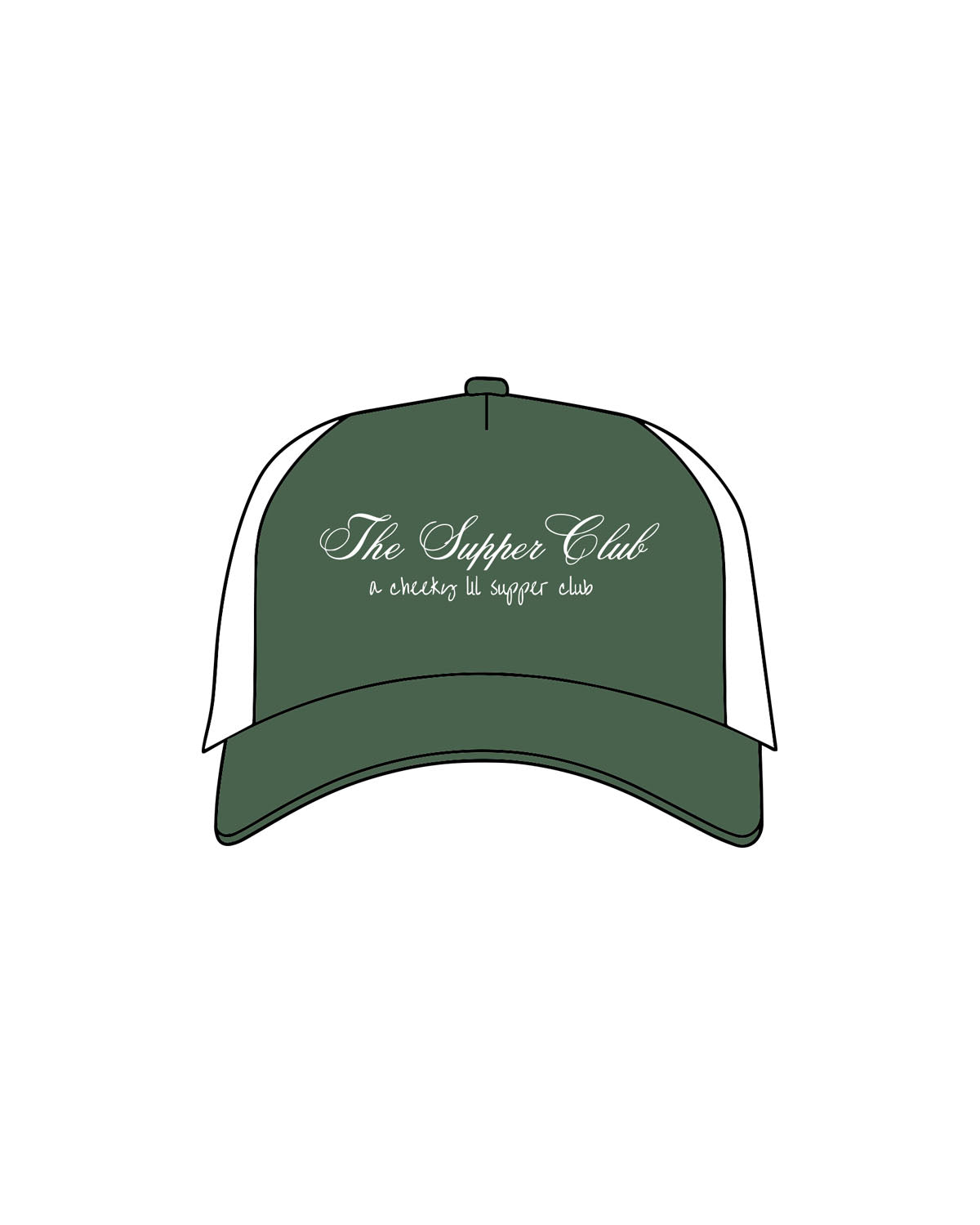 The Trucker Hat - Evergreen / White - The Supper Club - Center Crown Script Stacked - Embroidered - White