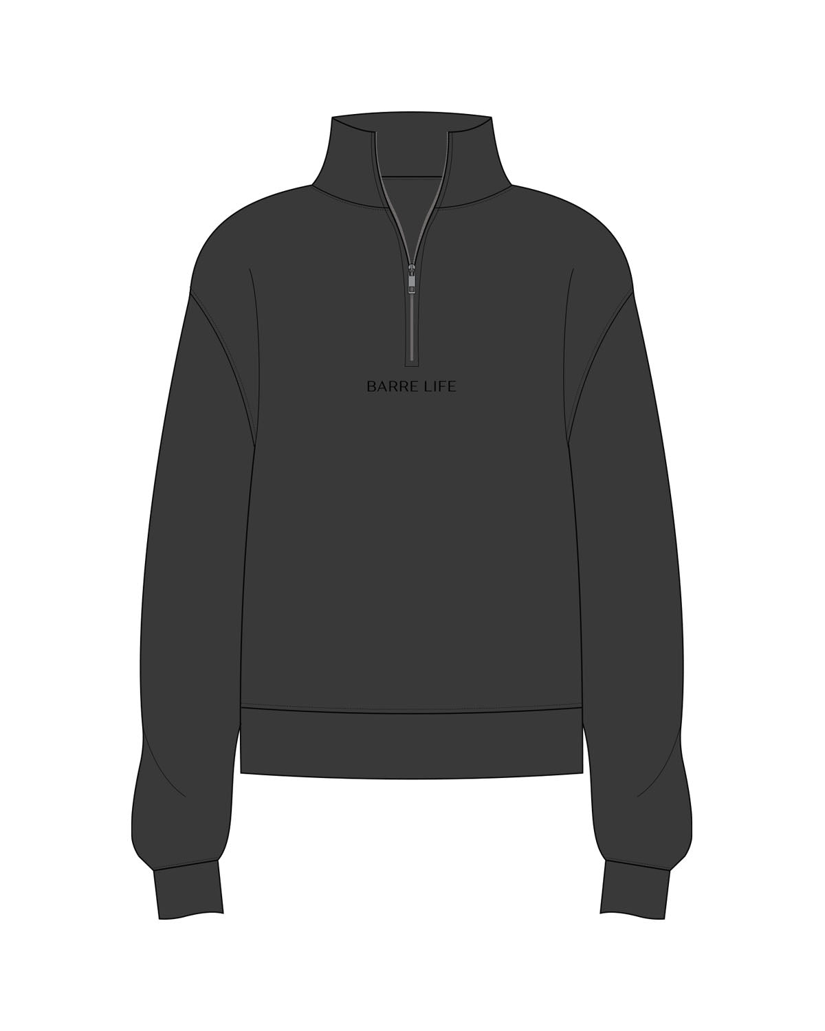 The Womens 1/4 Zip - Washed Black - Barre Life - Chest Center - Embroidered - Back Full Shoulder - Printed - Black